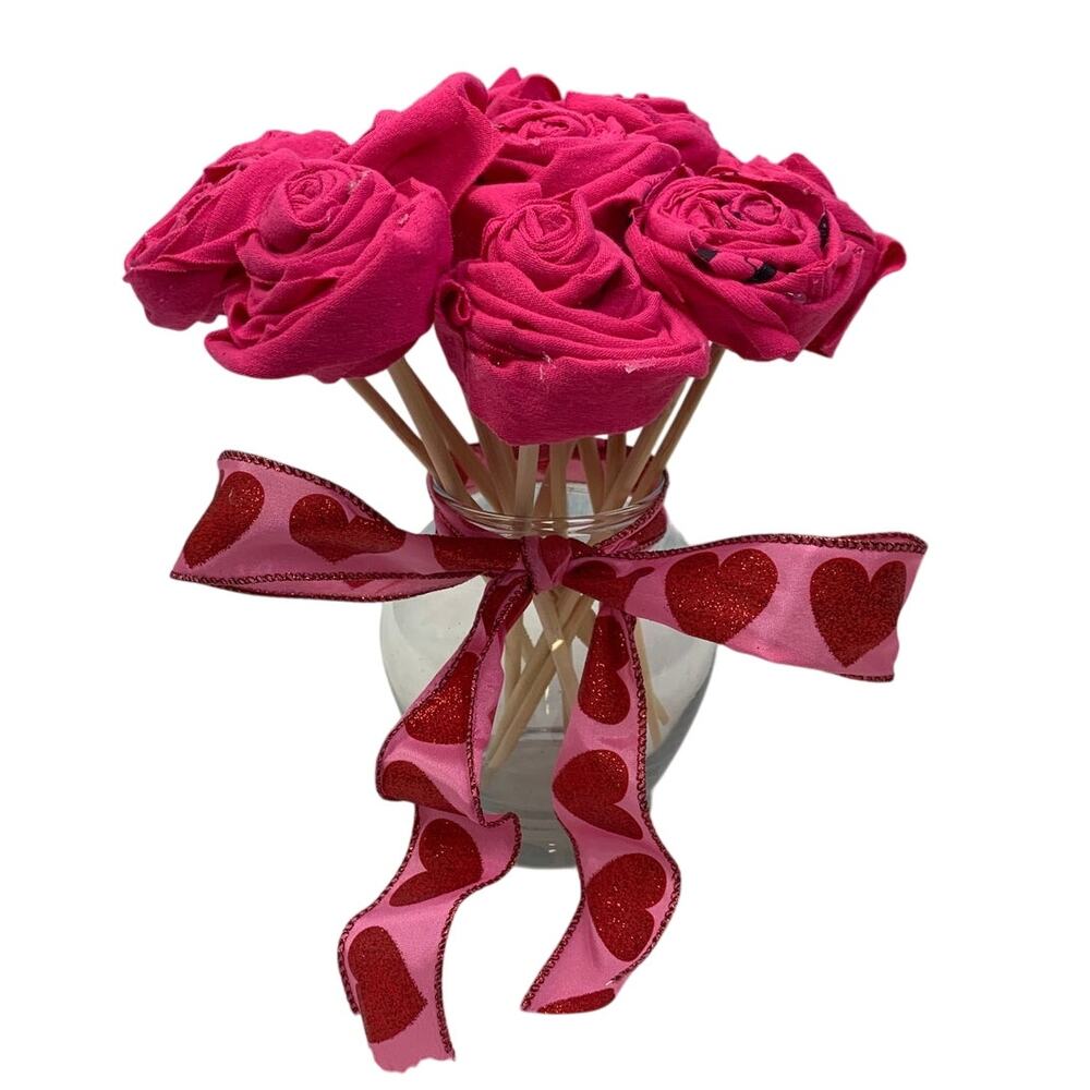 Handmade Upcycled Tee Shirt Valentine's Day Dozen Roses Bouquet in Glass Vase
